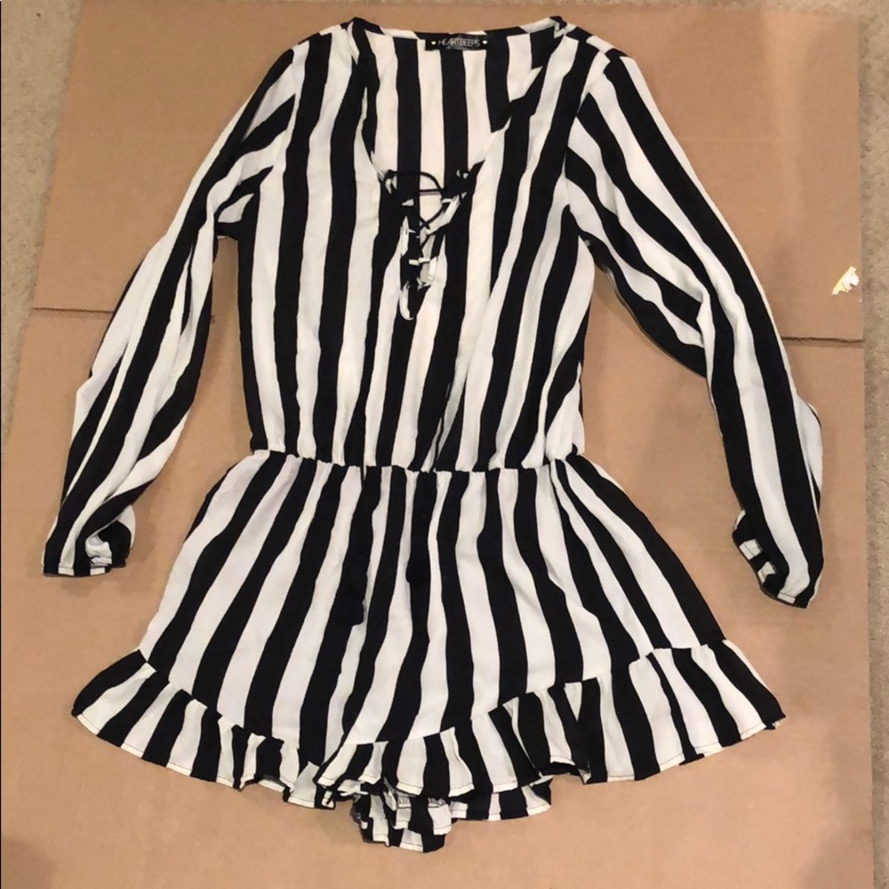 Black & White Striped Ruffle Long Sleeve Romper